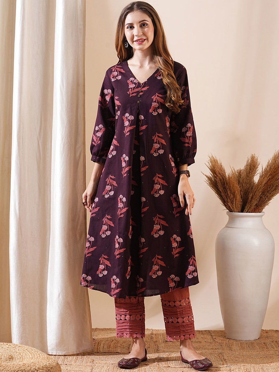 

FASHOR Floral Printed Puff Sleeves A-Line Kurta, Brown