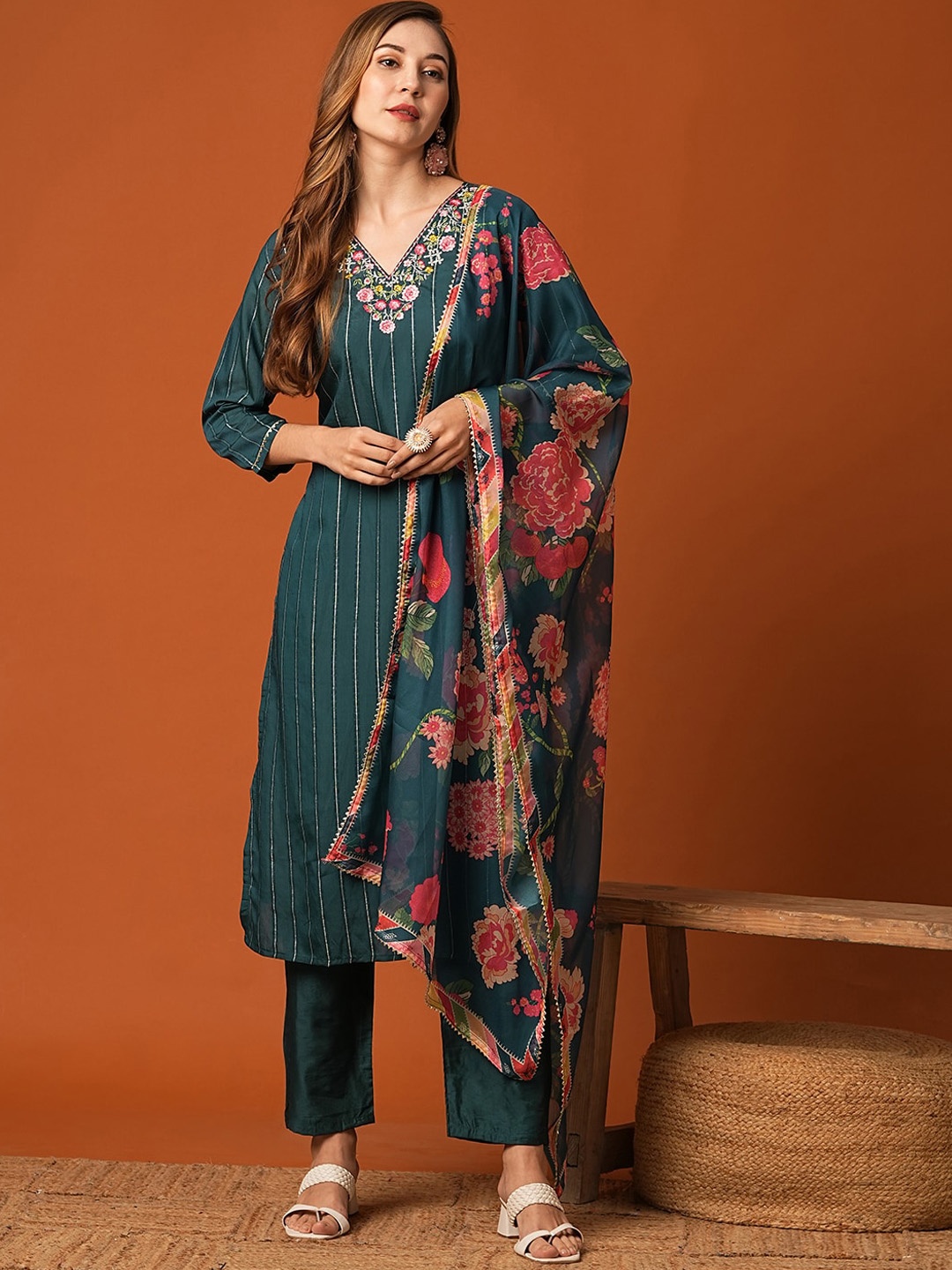 

FASHOR Floral Embroidered V-Neck Thread Work Straight Kurta with Trousers & Dupatta, Teal