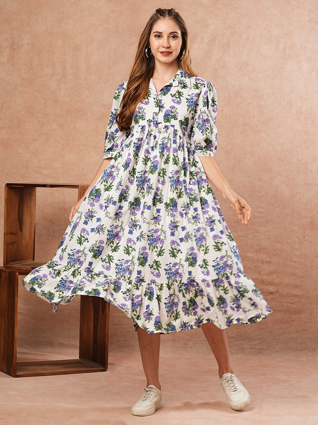 

FASHOR Women Floral Print A-Line Midi Dress, White
