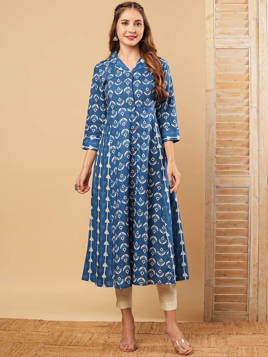 

FASHOR Geometric Printed Shirt Collar Cotton A-Line Kurta, Blue