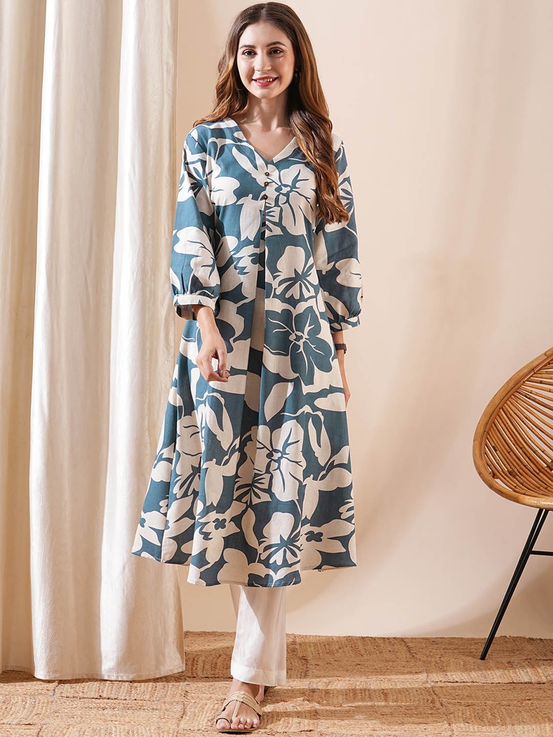 

FASHOR Floral Printed Puff Sleeves A-Line Kurta, Teal