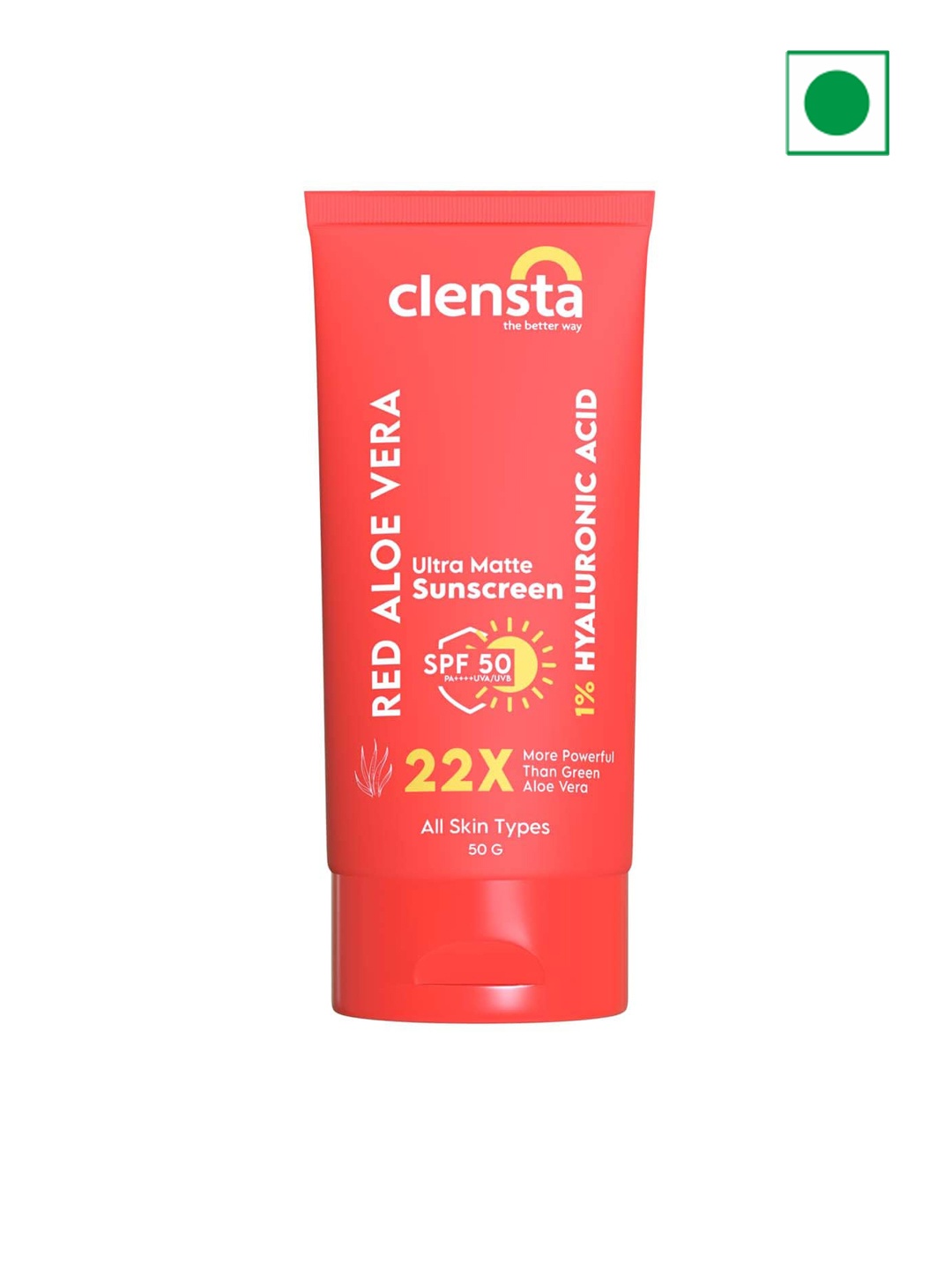 

Clensta Red Aloe Vera Ultra Matte SPF 50 Sunscreen With 1% Hyaluronic Acid PA++++ -50gm
