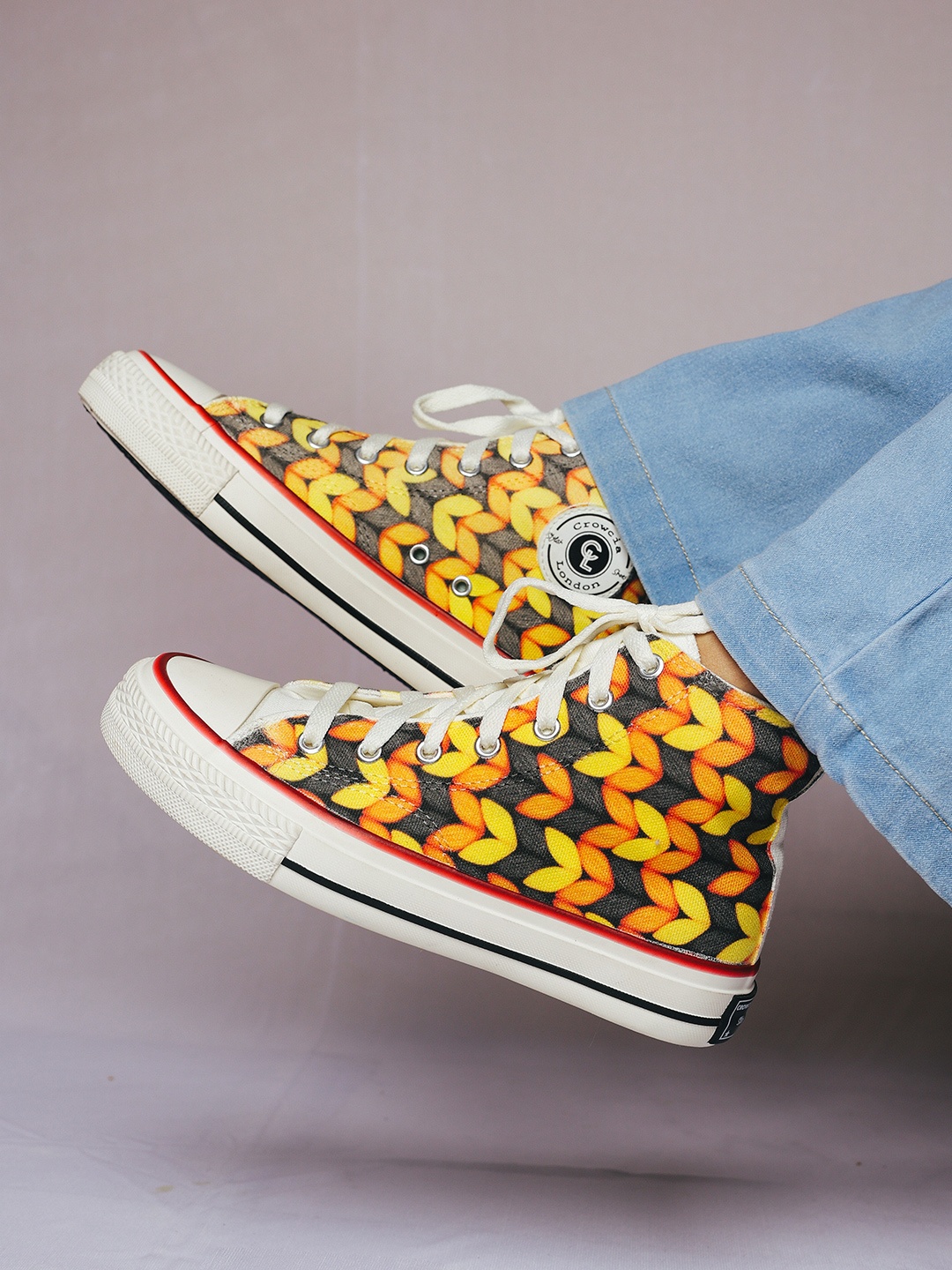 

CROWCIA LONDON Women Printed Round Toe Lightweight Canvas Sneakers, Yellow