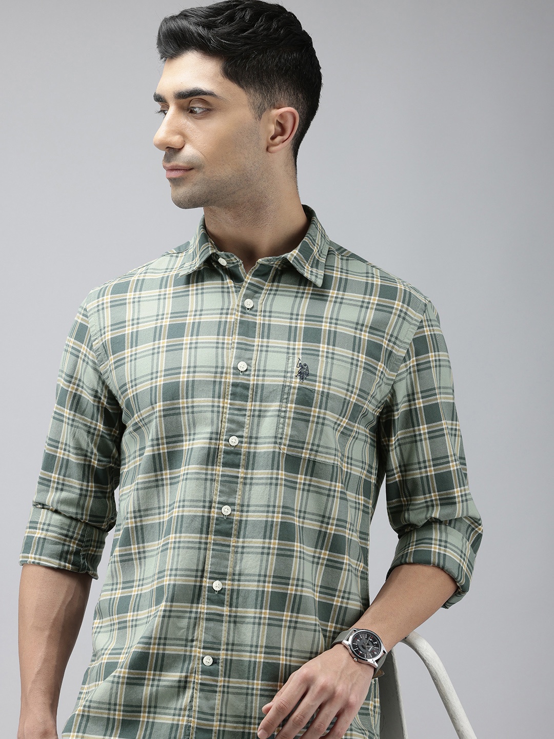 

U.S. Polo Assn. Denim Co. Pure Cotton Slim Fit Tartan Checked Casual Shirt, Green