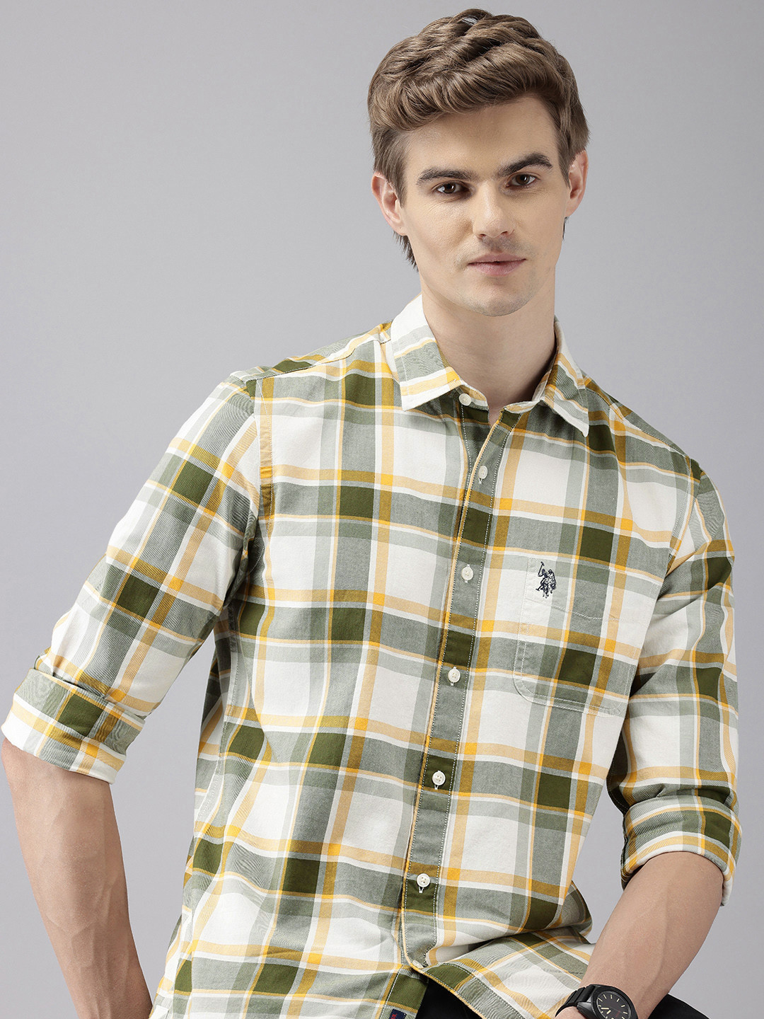 

U.S. Polo Assn. Denim Co. Slim Fit Tartan Checks Pure Cotton Casual Shirt, Green