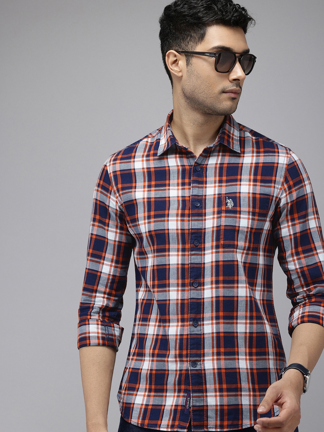 

U.S. Polo Assn. Denim Co. Pure Cotton Slim Fit Checked Casual Shirt, Navy blue