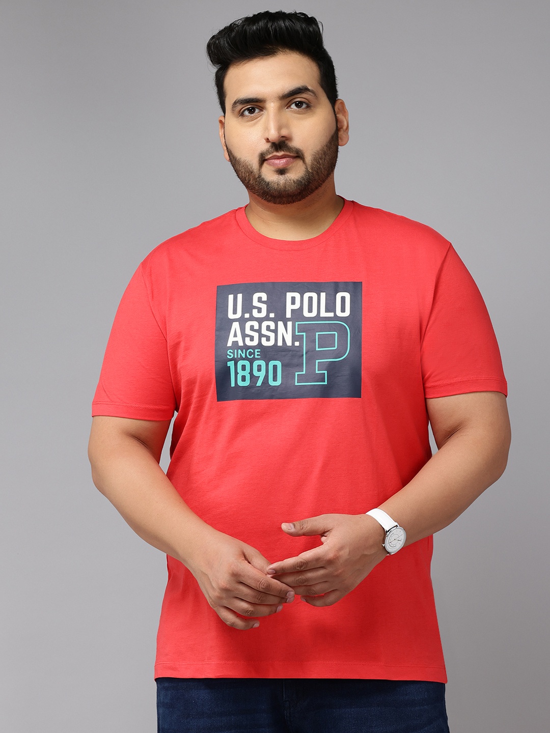 

U.S. Polo Assn. Denim Co. Plus Size Pure Cotton Typography Printed Slim Fit T-shirt, Red