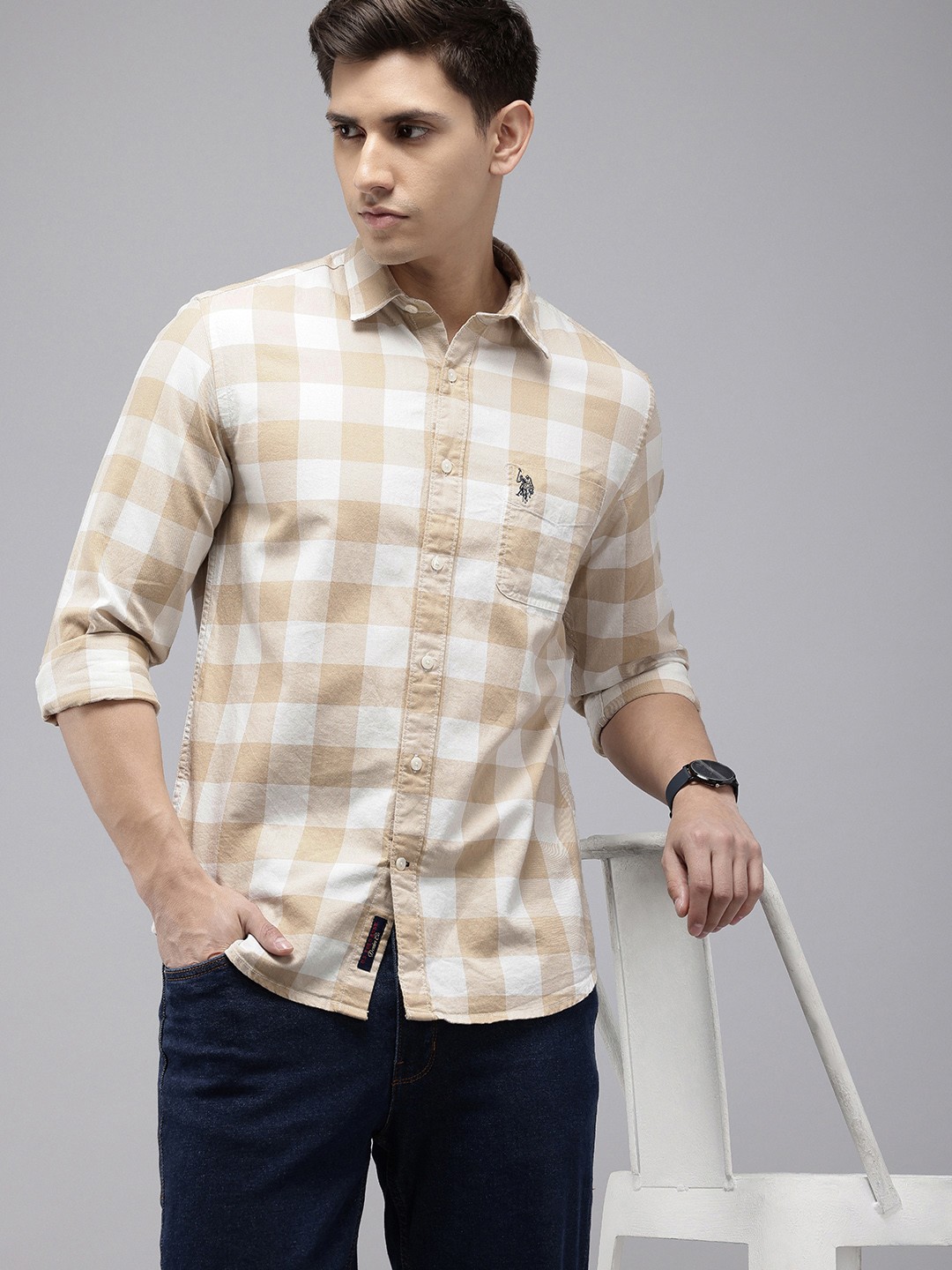 

U.S. Polo Assn. Denim Co. Men Slim Fit Buffalo Checked Pure Cotton Casual Shirt, Brown