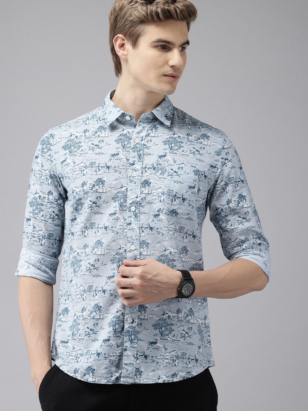 

U.S. Polo Assn. Denim Co. Slim Fit Conversational Printed Pure Cotton Casual Shirt, Blue