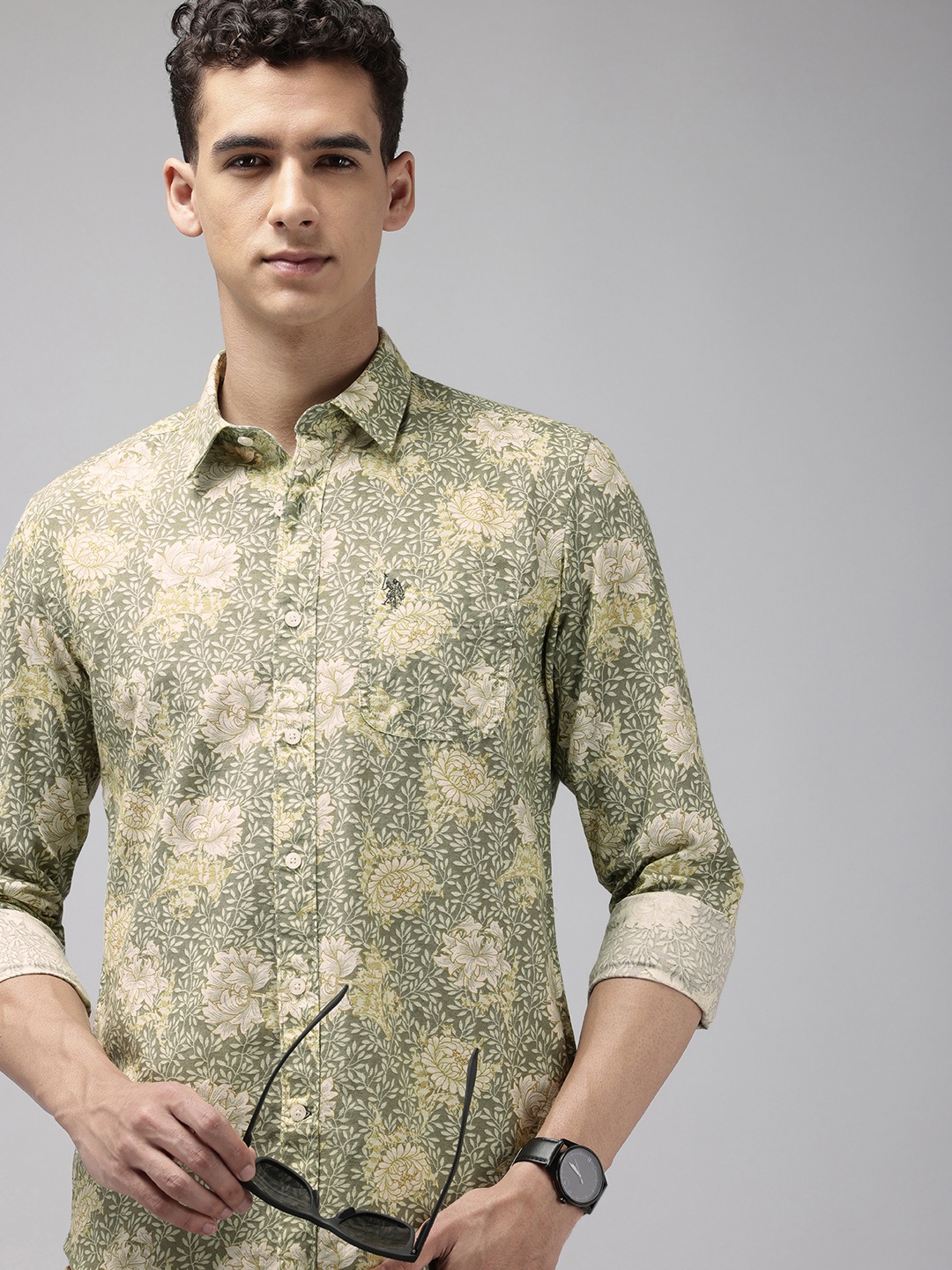 

U.S. Polo Assn. Denim Co. Slim Fit Floral Printed Pure Cotton Casual Shirt, Green