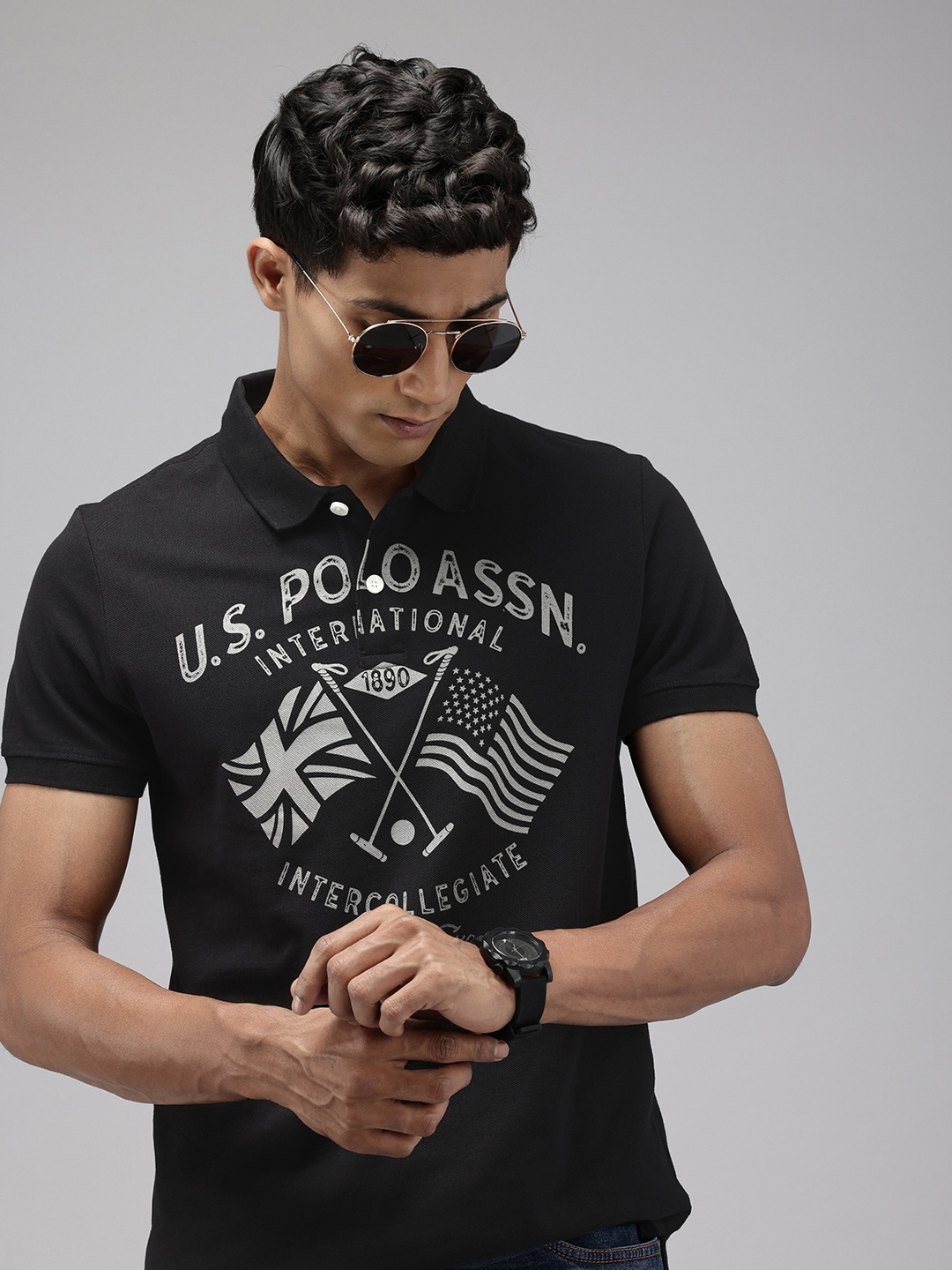 

U.S. Polo Assn. Denim Co. Brand Logo Printed Polo Collar Pure Cotton Slim Fit T-shirt, Black