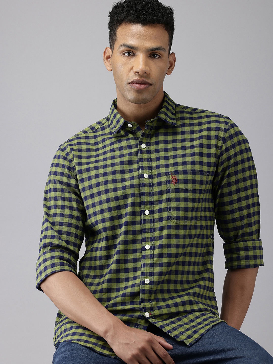 

U.S. Polo Assn. Denim Co. Slim Fit Gingham Checks Pure Cotton Casual Shirt, Green