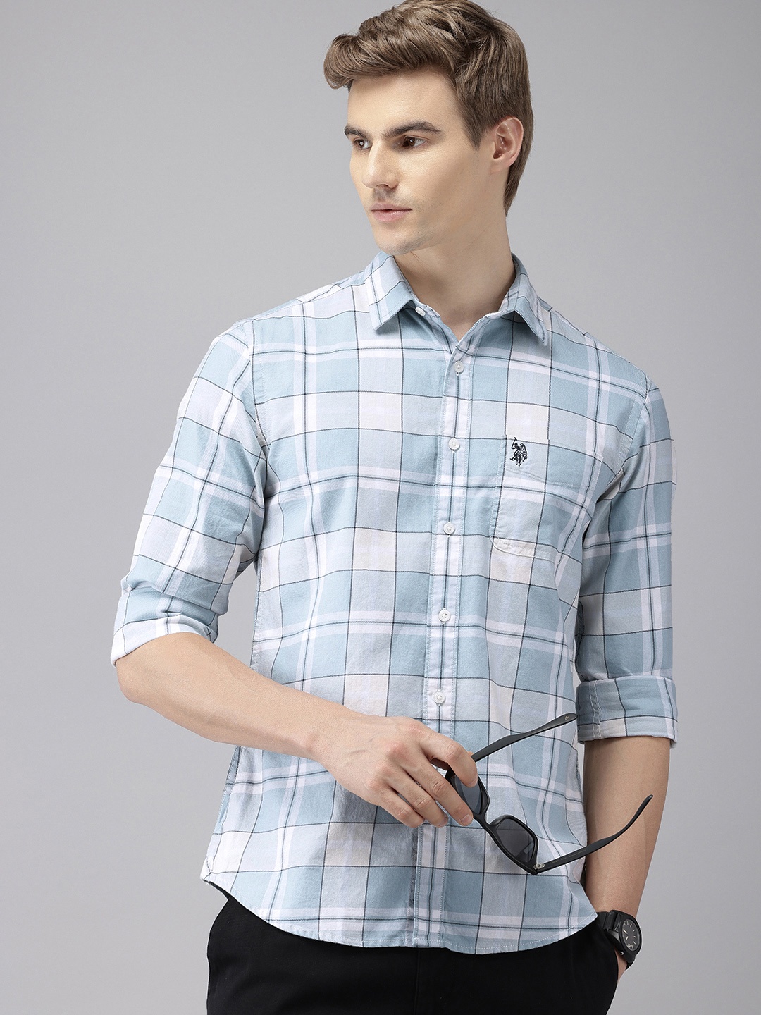 

U.S. Polo Assn. Denim Co. Slim Fit Checked Pure Cotton Casual Shirt, Blue