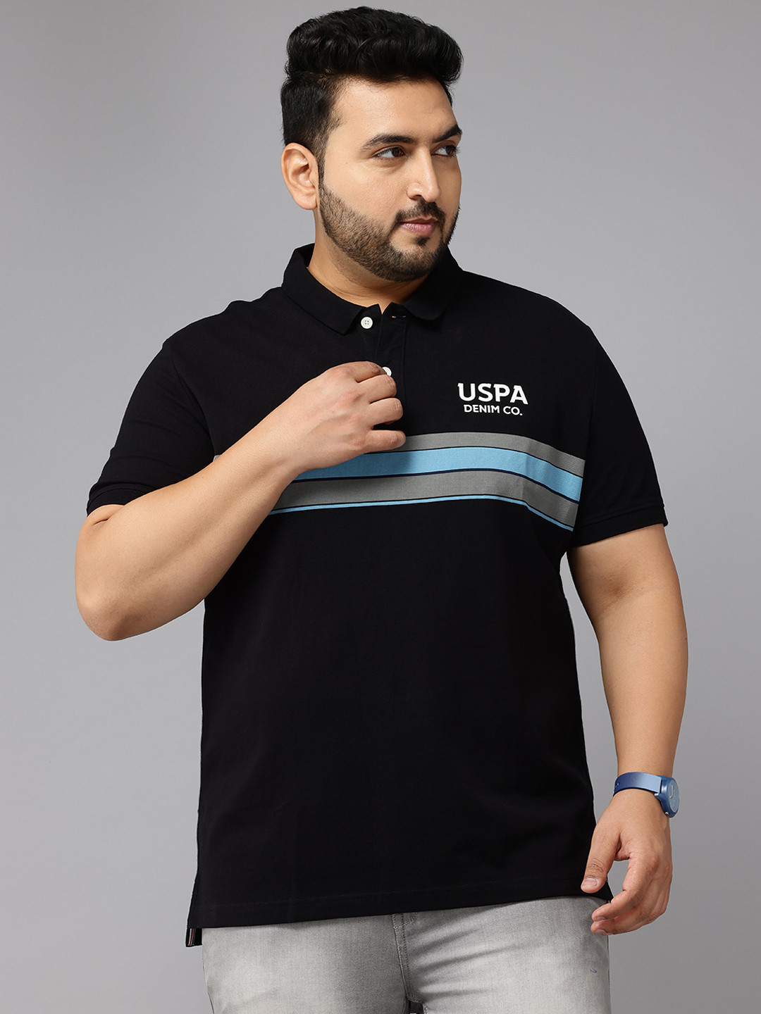 

U.S. Polo Assn. Denim Co. Plus Size Striped Polo Collar Cotton Slim Fit T-shirt, Black