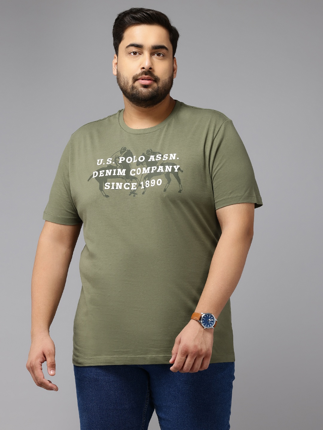 

U.S. Polo Assn. Denim Co. Plus Size Pure Cotton Typography Printed Slim Fit T-shirt, Olive