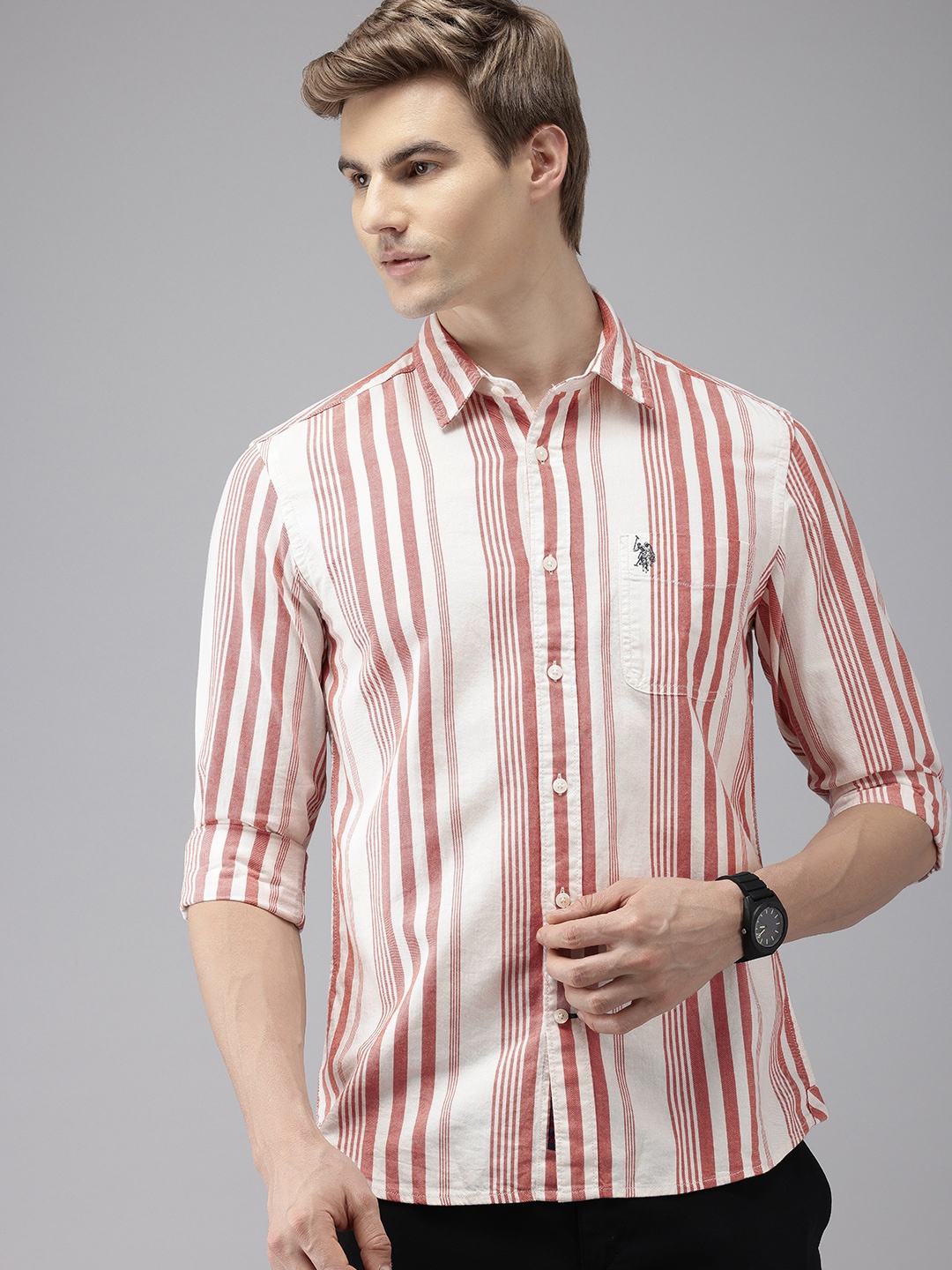 

U.S. Polo Assn. Denim Co. Slim Fit Vertical Stripes Pure Cotton Casual Shirt, Red