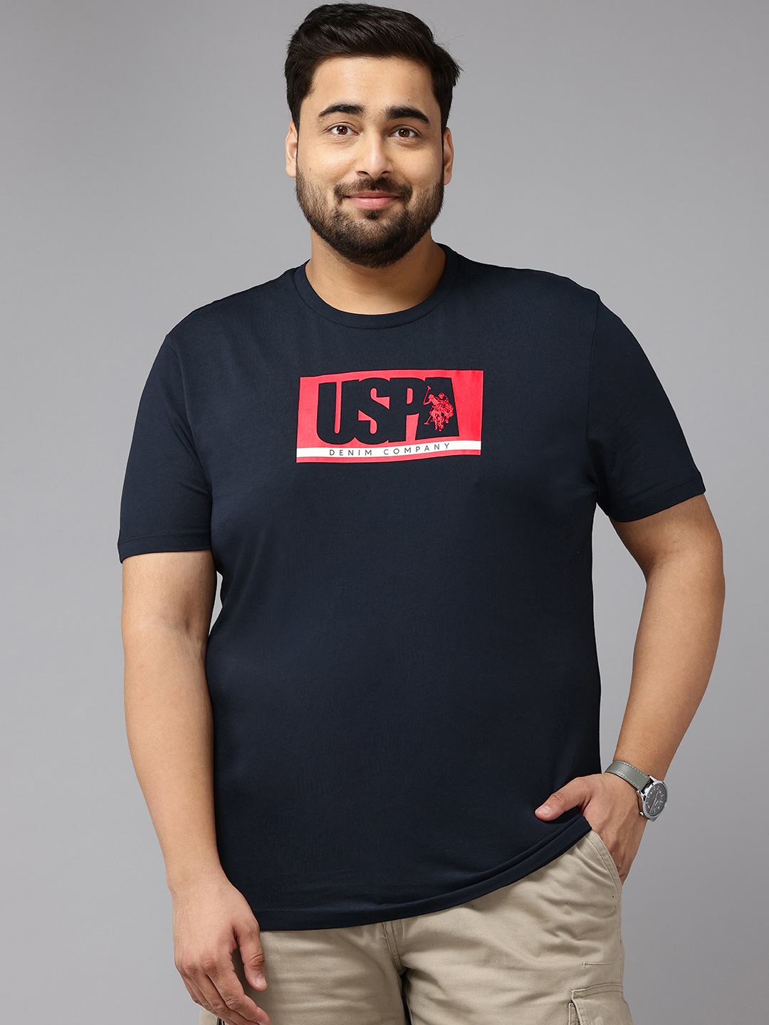 

U.S. Polo Assn. Denim Co. Plus-Size Brand Logo Print Pure Cotton Slim Fit T-shirt, Navy blue
