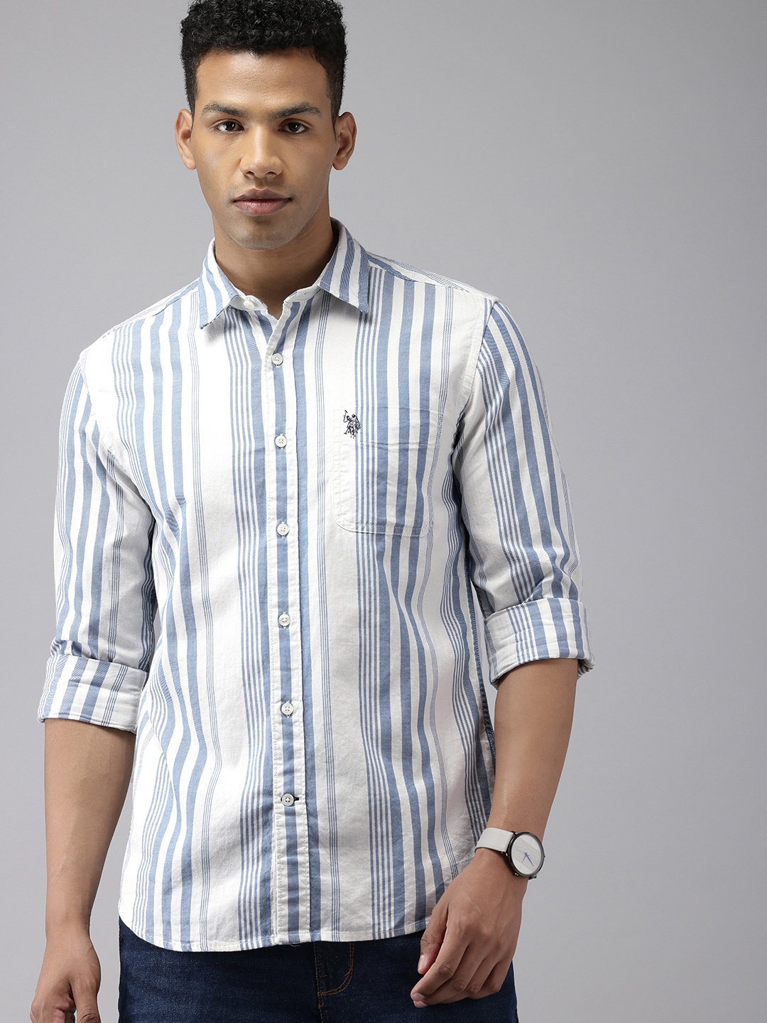 

U.S. Polo Assn. Denim Co. Slim Fit Vertical Stripes Pure Cotton Casual Shirt, Blue