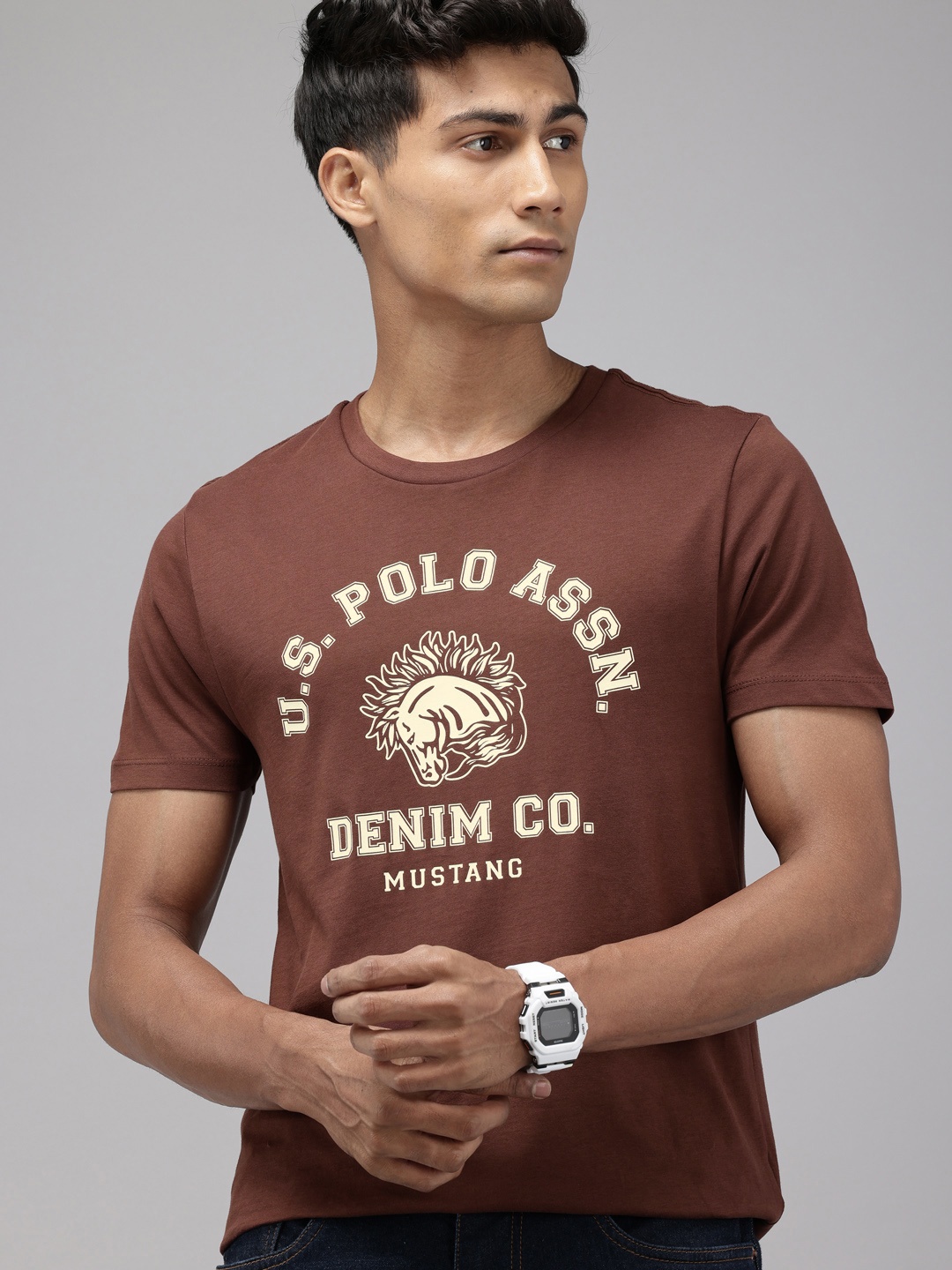 

U.S. Polo Assn. Denim Co. Typography Printed Pure Cotton Slim Fit T-shirt, Brown