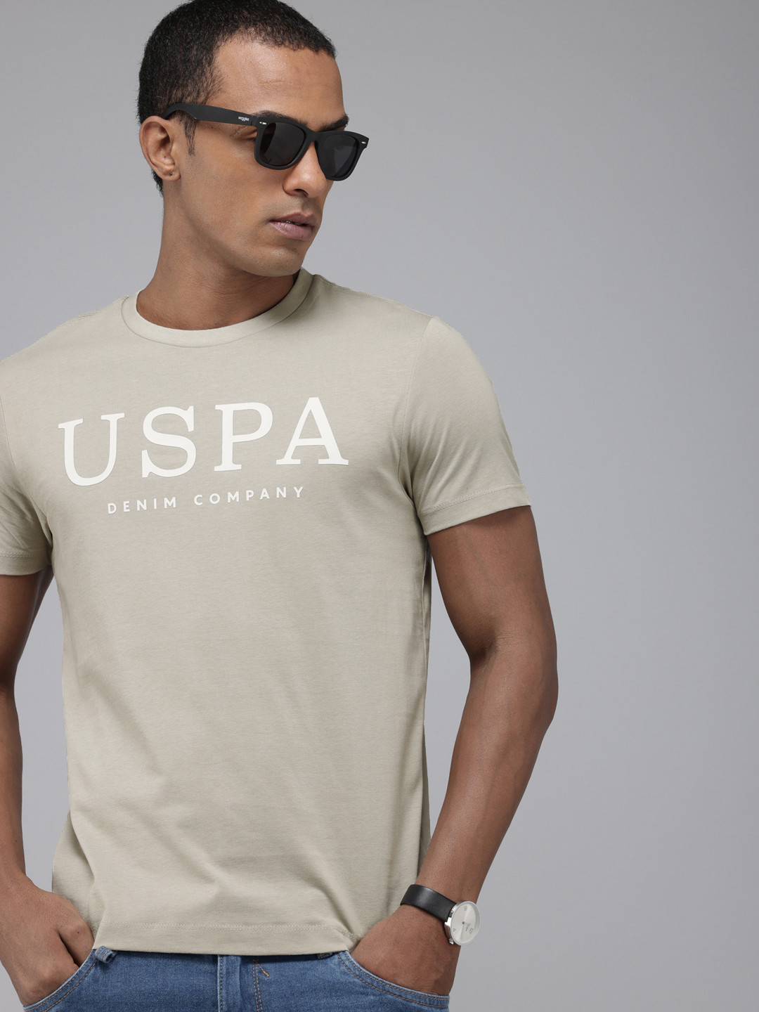 

U.S. Polo Assn. Denim Co. Pure Cotton Brand Logo Printed Slim Fit T-shirt, Grey