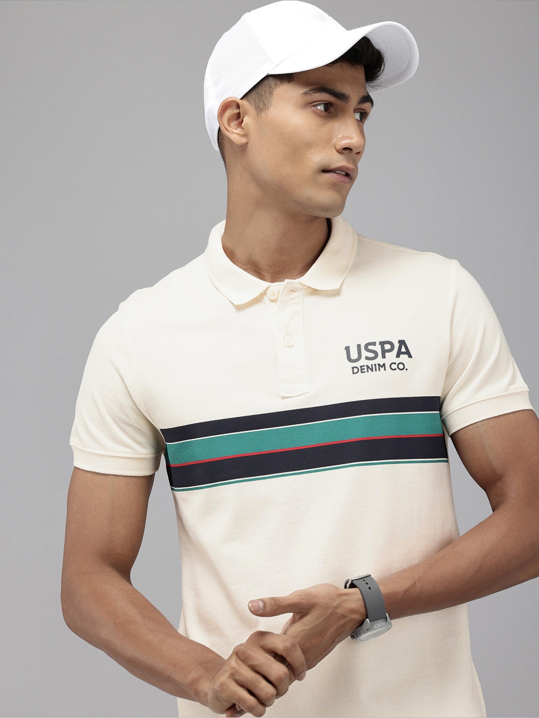 

U.S. Polo Assn. Denim Co. Striped Polo Collar Pure Cotton Slim Fit T-shirt, Off white