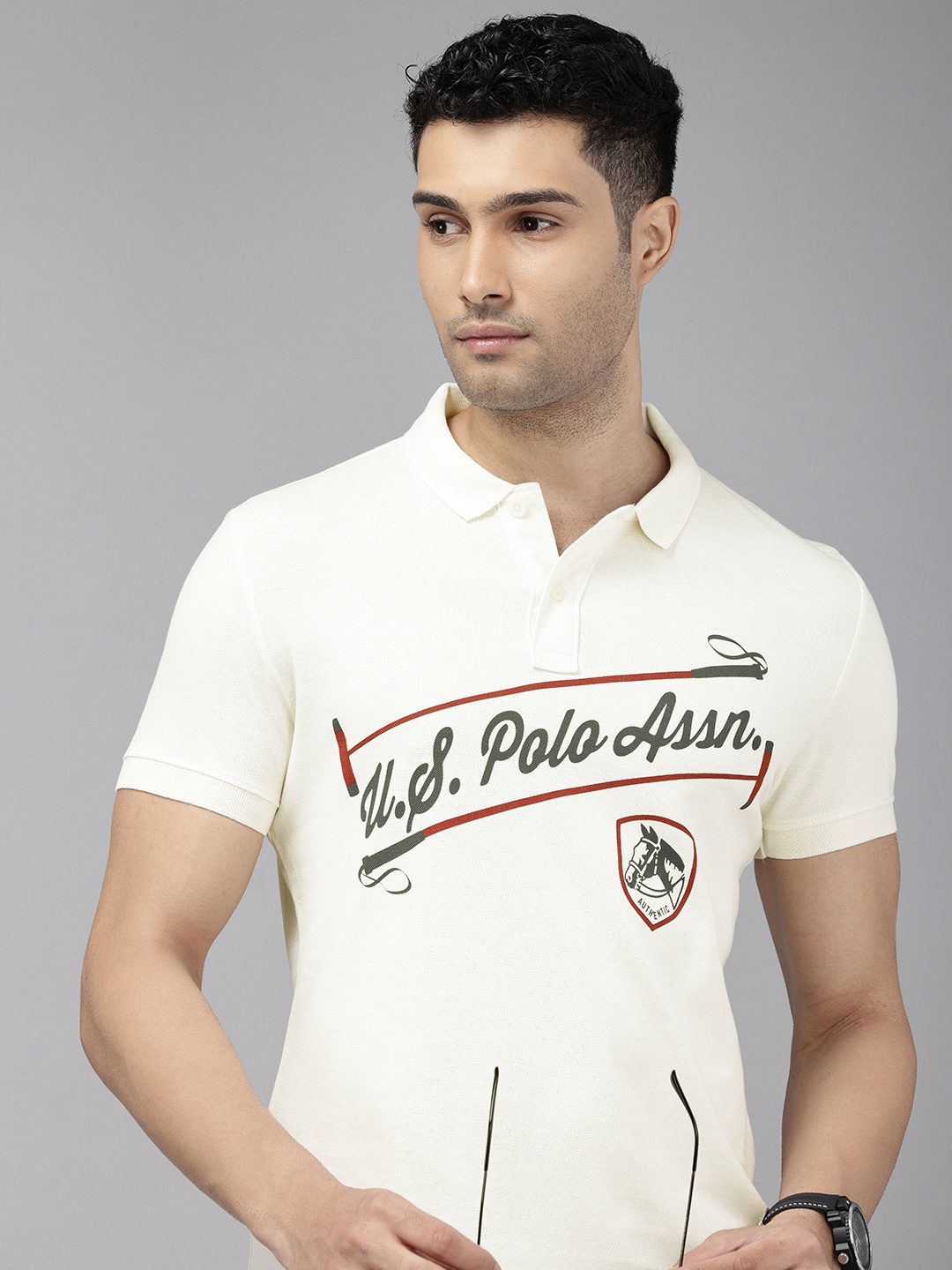 

U.S. Polo Assn. Denim Co. Brand Logo Printed Polo Collar Pure Cotton Slim Fit T-shirt, Off white
