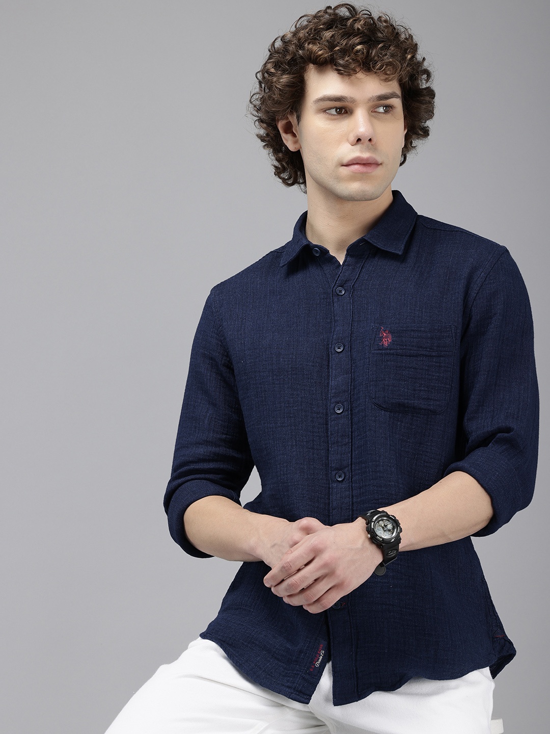 

U.S. Polo Assn. Denim Co. Pure Cotton Slim Fit Opaque Casual Shirt, Navy blue