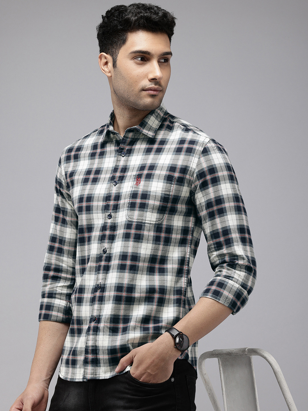 

U.S. Polo Assn. Denim Co. Pure Cotton Slim Fit Tartan Checked Casual Shirt, Navy blue