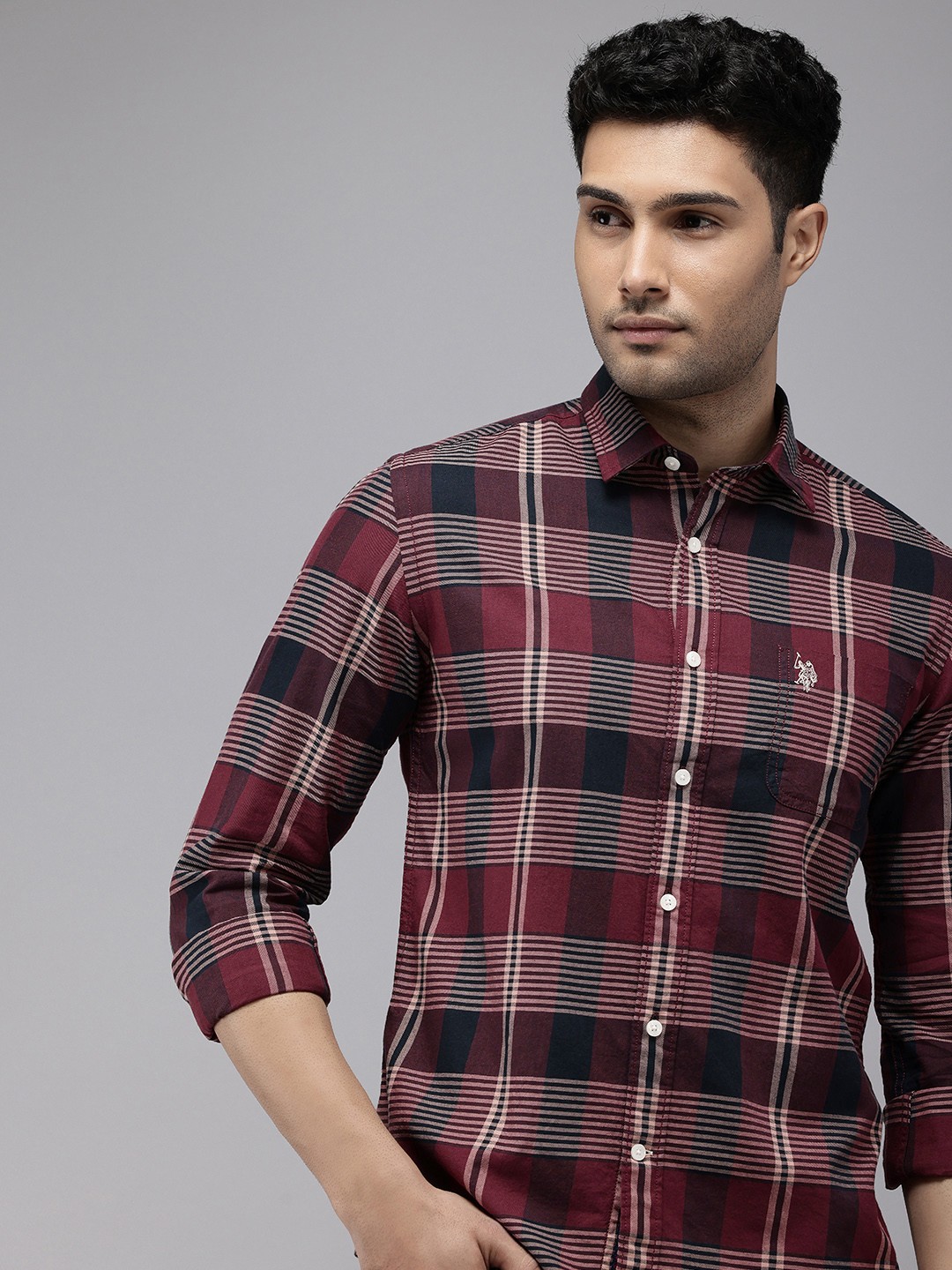 

U.S. Polo Assn. Denim Co. Men Slim Fit Checked Pure Cotton Casual Shirt, Maroon