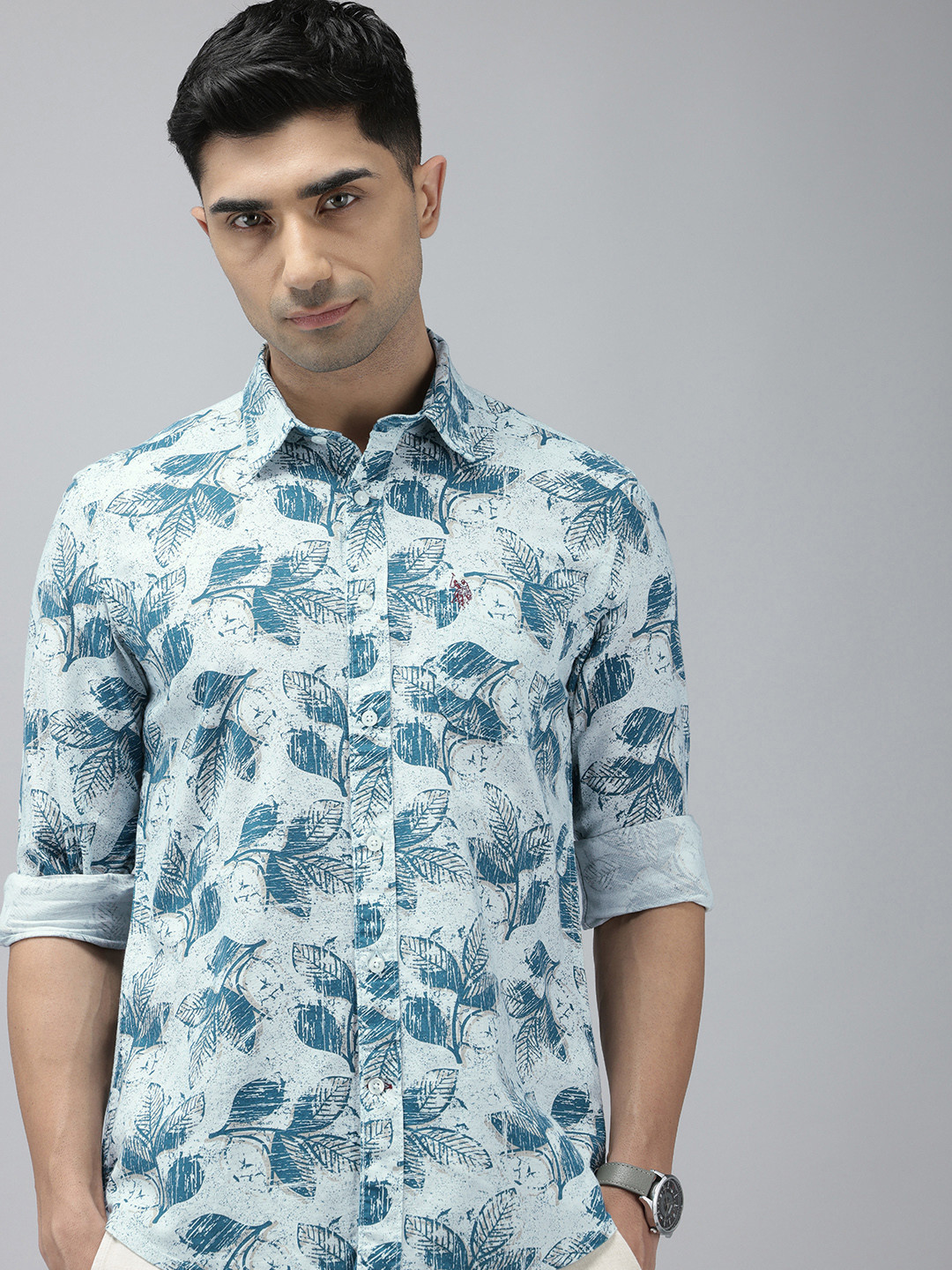 

U.S. Polo Assn. Denim Co. Pure Cotton Slim Fit Tropical Printed Casual Shirt, Blue