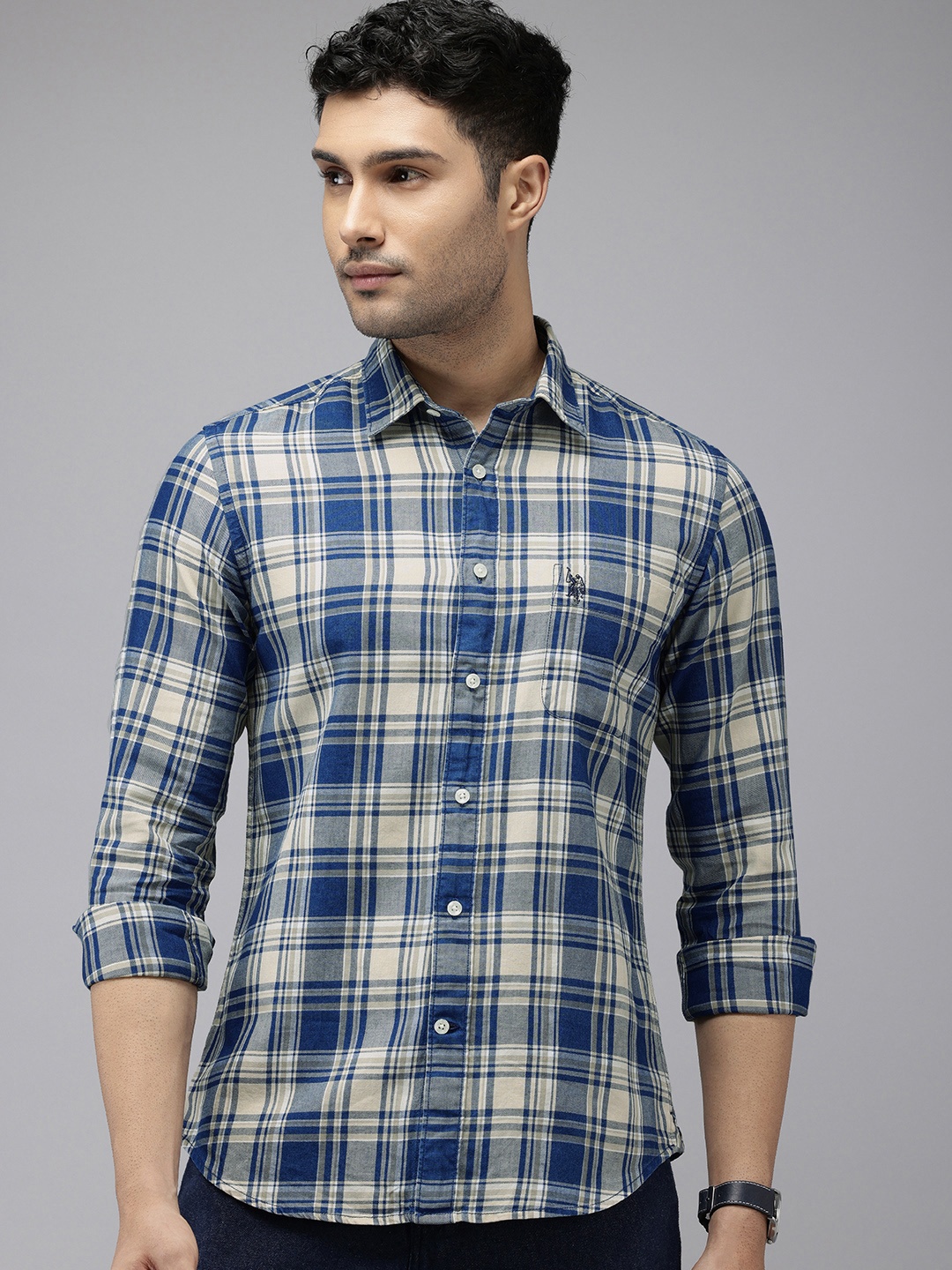 

U.S. Polo Assn. Denim Co. Pure Cotton Slim Fit Checked Casual Shirt, Navy blue