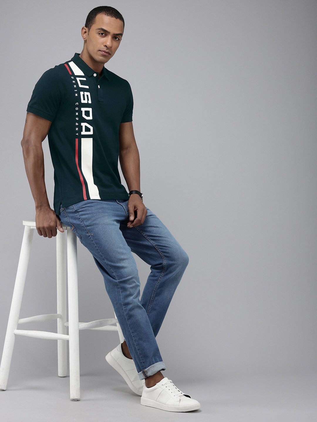 

U.S. Polo Assn. Denim Co. Pure Cotton Brand Logo Printed Polo Collar Slim Fit T-shirt, Navy blue