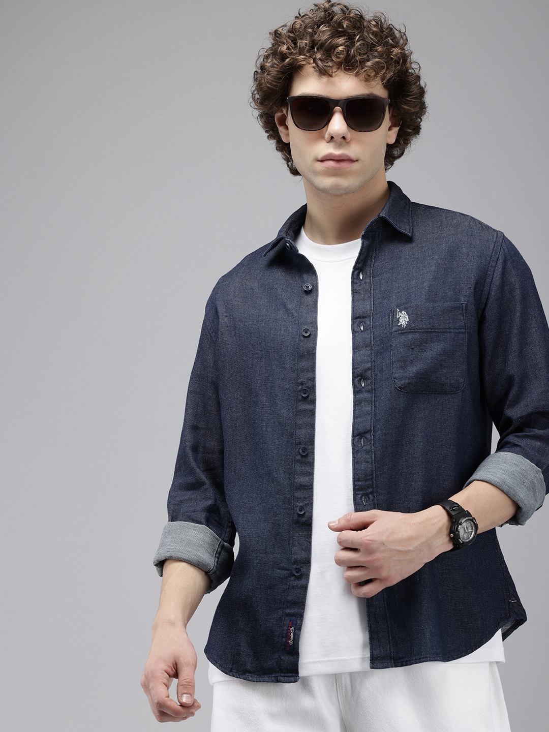 

U.S. Polo Assn. Denim Co. Pure Cotton Slim Fit Opaque Casual Shirt, Navy blue
