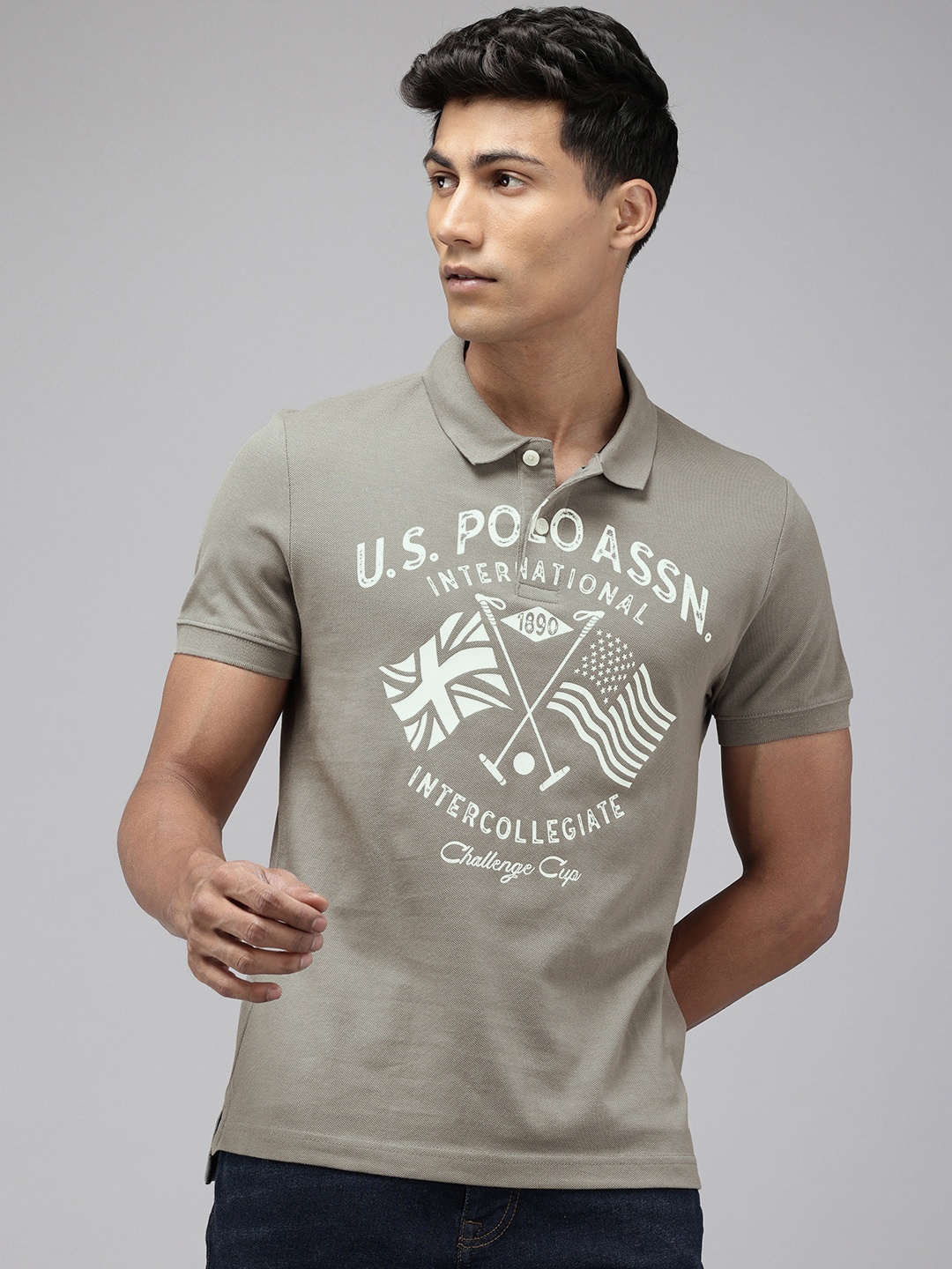 

U.S. Polo Assn. Denim Co. Brand Logo Printed Polo Collar Pure Cotton Slim Fit T-shirt, Grey