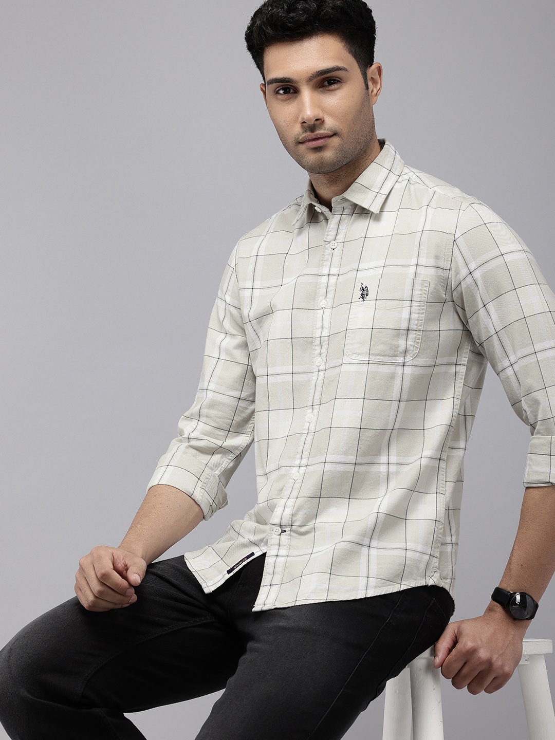 

U.S. Polo Assn. Denim Co. Pure Cotton Slim Fit Tartan Checked Casual Shirt, Grey