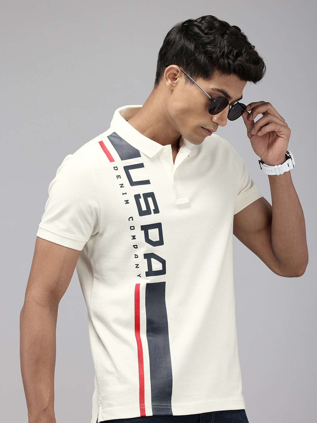 

U.S. Polo Assn. Denim Co. Typography Printed Polo Collar Pure Cotton Slim Fit T-shirt, Off white