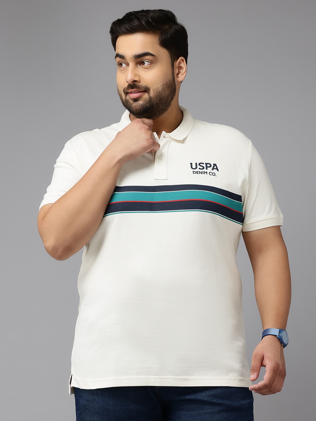 

U.S. Polo Assn. Denim Co. Plus Size Striped Polo Collar Cotton Slim Fit T-shirt, Cream