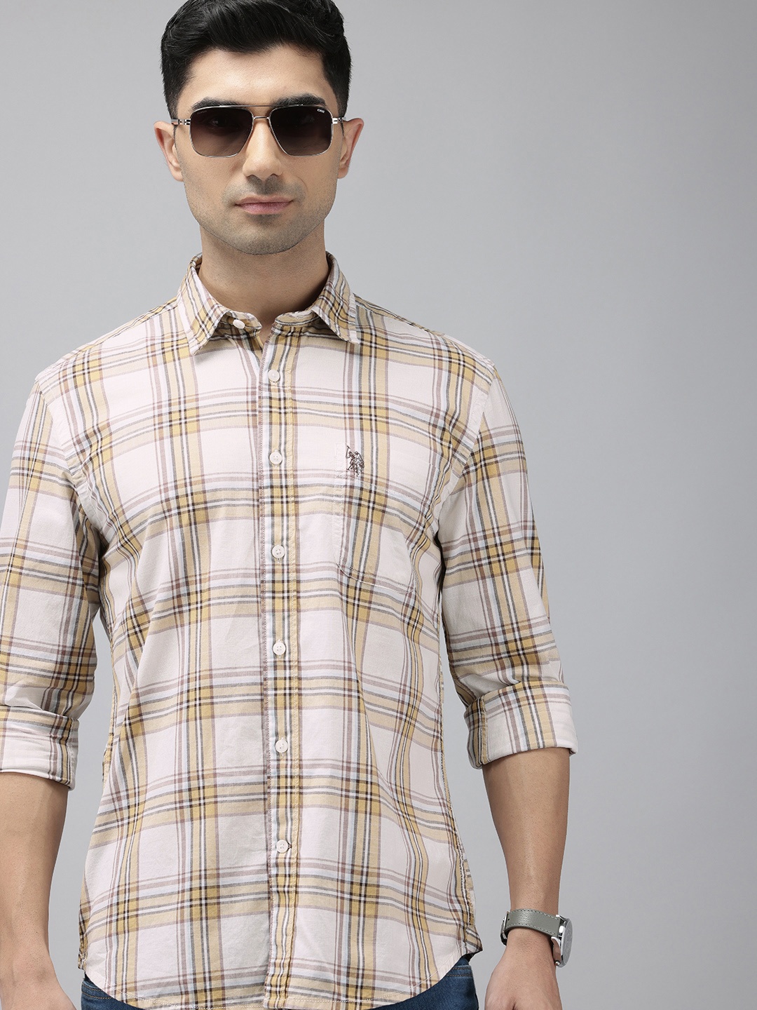 

U.S. Polo Assn. Denim Co. Pure Cotton Slim Fit Tartan Checked Casual Shirt, Beige