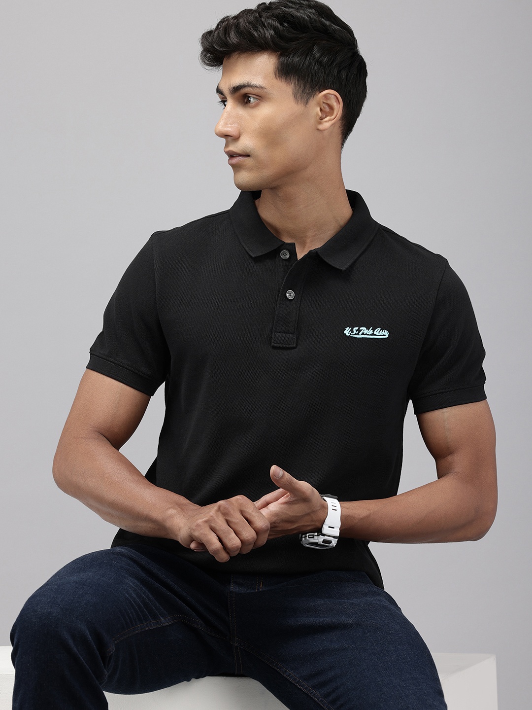 

U.S. Polo Assn. Denim Co. Polo Collar Pure Cotton Slim Fit T-shirt with Embroidered Detail, Black