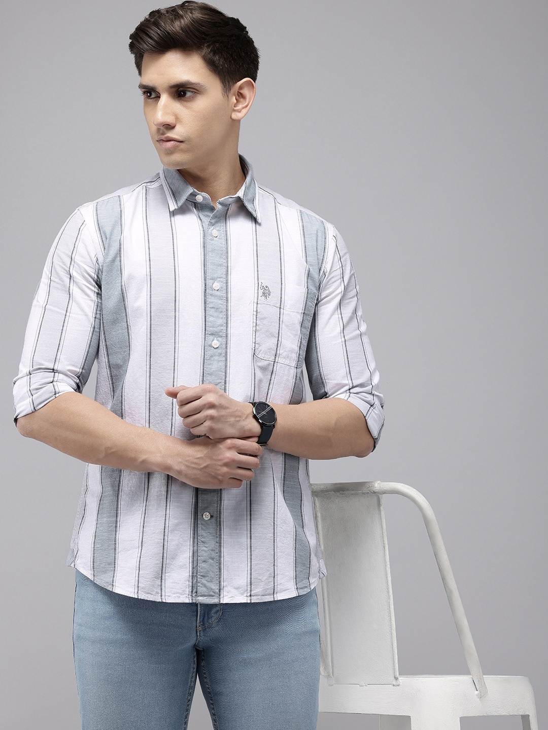 

U.S. Polo Assn. Denim Co. Slim Fit Pure Cotton Striped Casual Shirt, Grey