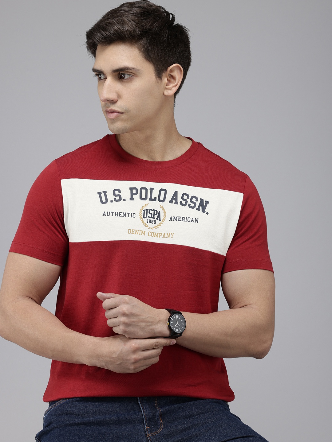 

U.S. Polo Assn. Denim Co. Brand Logo Printed Pure Cotton Slim Fit T-shirt, Maroon