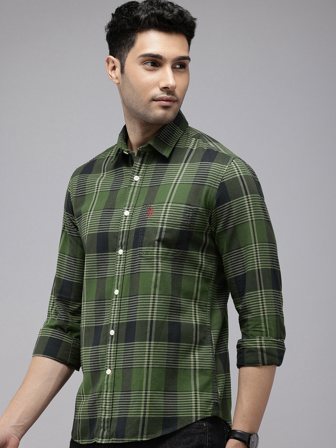 

U.S. Polo Assn. Denim Co. Pure Cotton Slim Fit Checked Casual Shirt, Green