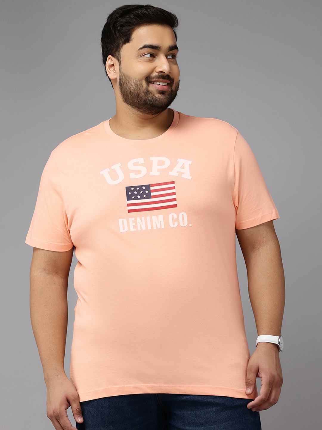 

U.S. Polo Assn. Denim Co. Plus Size Typography Printed Cotton Slim Fit T-shirt, Peach