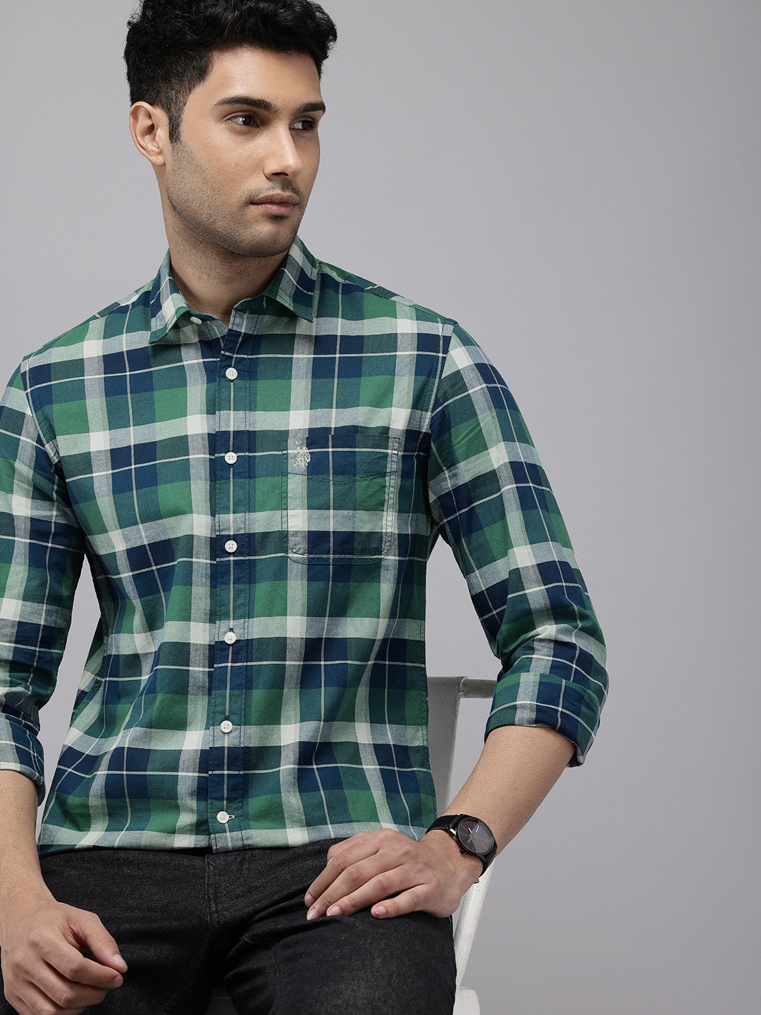 

U.S. Polo Assn. Denim Co. Pure Cotton Slim Fit Checked Casual Shirt, Green