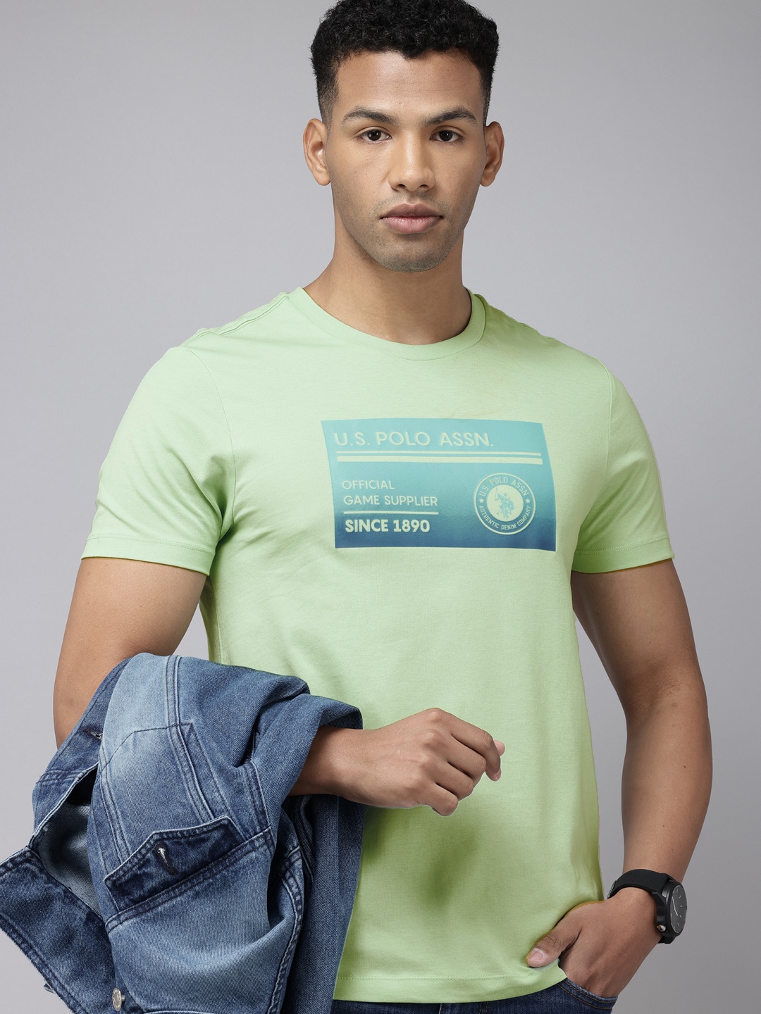 

U.S. Polo Assn. Denim Co. Pure Cotton Brand Logo Printed Slim Fit T-shirt, Green