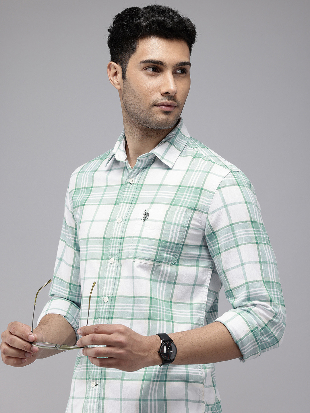 

U.S. Polo Assn. Denim Co. Pure Cotton Slim Fit Checked Casual Shirt, Green