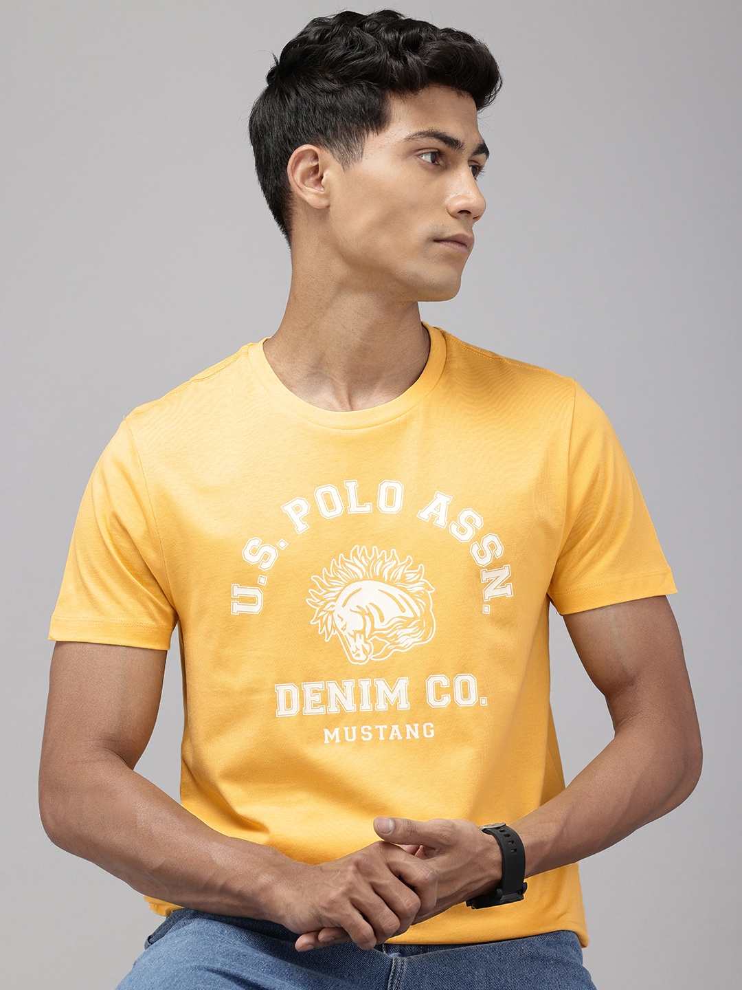 

U.S. Polo Assn. Denim Co. Typography Printed Pure Cotton Slim Fit T-shirt, Yellow