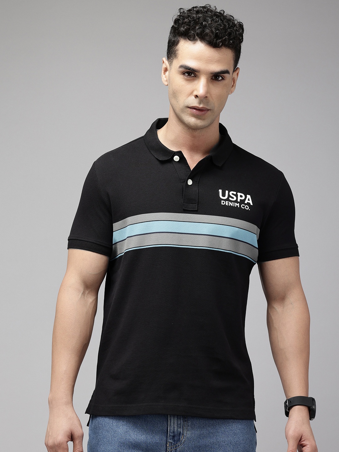 

U.S. Polo Assn. Denim Co. Striped Polo Collar Pure Cotton Slim Fit T-shirt, Black