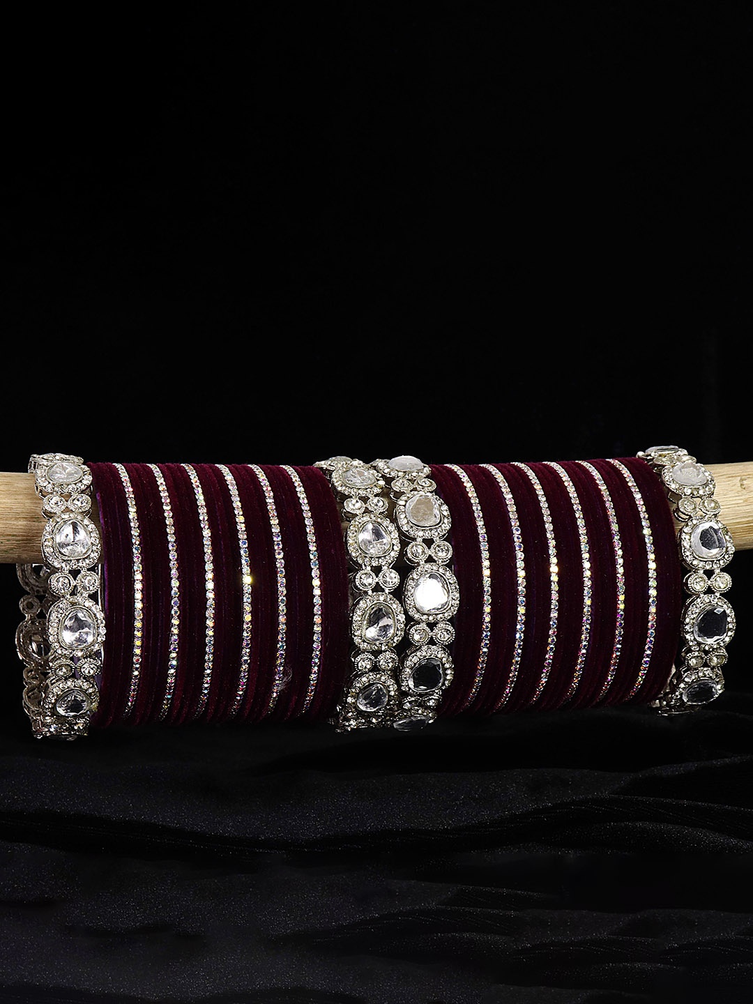 

LAVAZZA Set of 58 Zircon & Kundan-Studded Metal Velvet Bangles Chuda Set, Purple