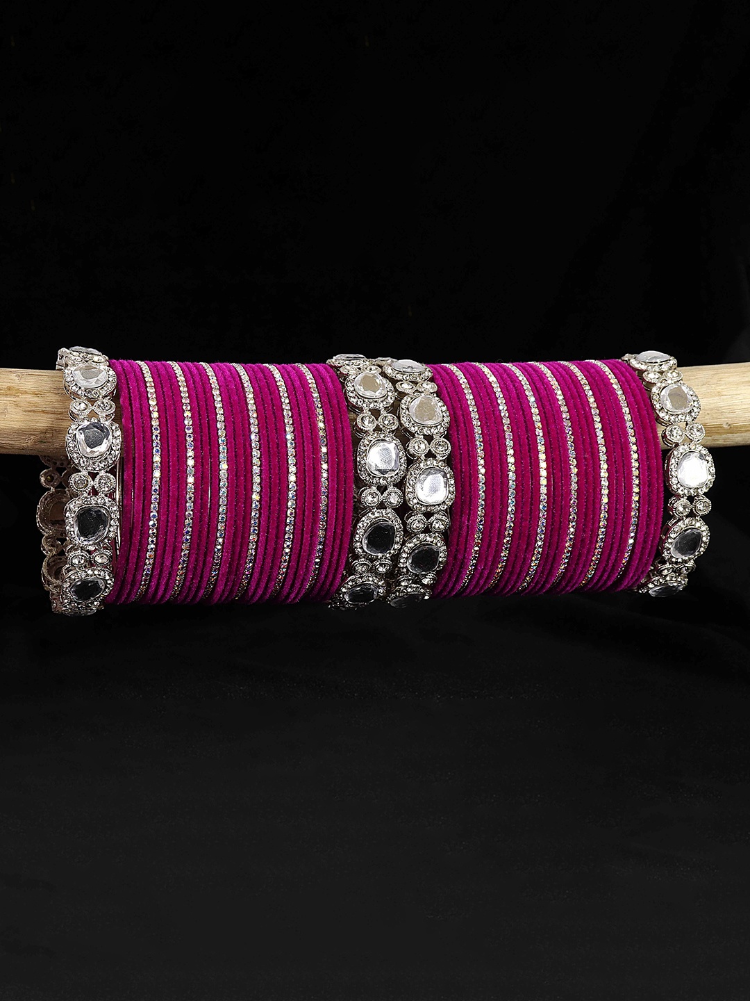 

LAVAZZA Set of 58 Zircon & Kundan-Studded Metal Velvet Bangles Chuda Set, Magenta